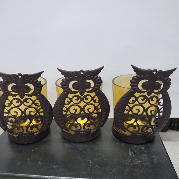 Set of 3 Metal Owl candle holders with glass inser - Picture 4 of 6